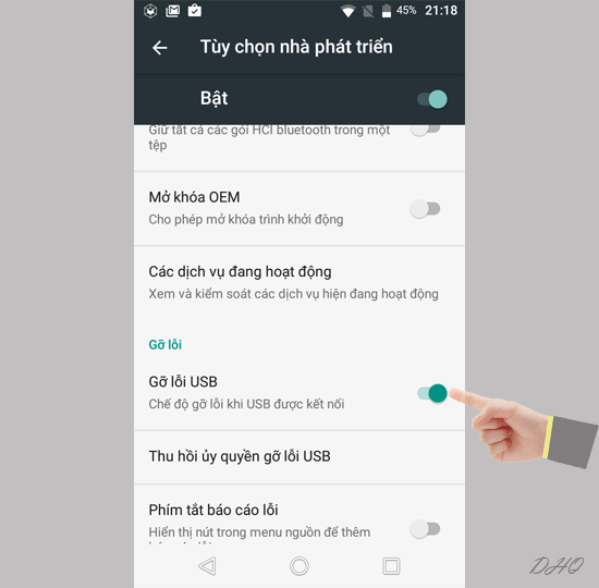 Chọn bật gỡ lỗi USB